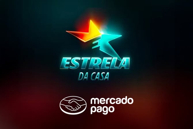 Fundo gradiente preto e vinho, com logo do programa “Estrela da Casa”, reality show musical da Globo, que em 2025 inicia a sua segunda temporada com patrocínio do Mercado Pago (logo também presente na ilustração), que neste ano aumentou o prêmio para R$ 1 milhão.