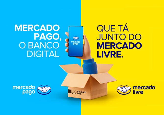 Mão segurando o celular saindo da caixa representando o Mercado Pago, o banco digital que tá junto do Mercado Livre