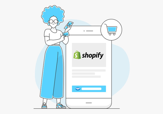 Ilustração de um celular com o logo da Shopify, simulando a interface de uma loja virtual, com a imagem de uma pessoa ao lado do celular indicando a mudança no app Mercado Pago e as novidades para vendedores.