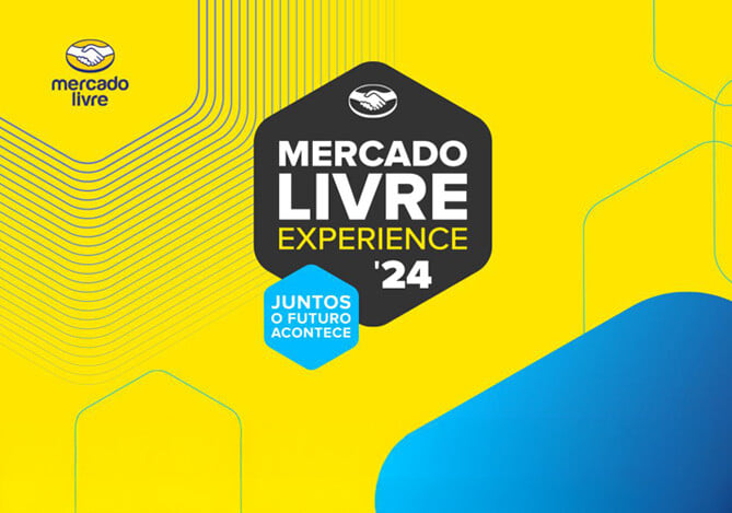 Imagem de divulgação do evento Mercado Livre Experience 24 com fundo amarelo e azul, contendo o logo e a frase “Juntos o futuro acontece” 