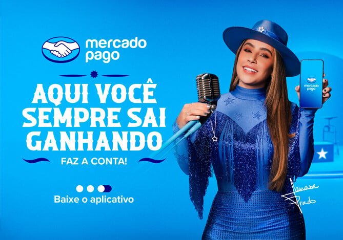 Imagem ilustrativa da promoção do Mercado Pago, relacionada ao cartão e ao Circuito Sertanejo. Na imagem, há o descritivo “Mercado Pago. Concorra a R$ 500 mil a cada R$ 200 em compras com o cartão Mercado Pago. Peça seu cartão.” Há também a cantora Lauana Prado, vestindo um chapéu e uma roupa azul com estrelas, segurando o Cartão Mercado Pago e um celular com o logo do banco digital. 