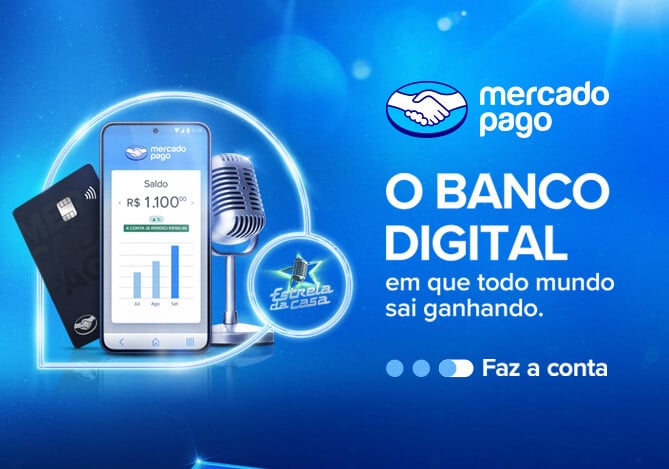 Imagem ilustrativa que representa o patrocínio do Mercado Pago no programa Estrela da Casa, da Rede Globo. Na imagem, há um cartão do Mercado Pago, um celular em que o app do banco digital está aberto na conta e um microfone. Ao lado, há o descritivo “Mercado Pago. O banco digital em que todo mundo sai ganhando. Faz a conta”.