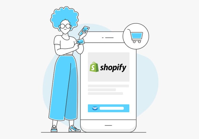 Ilustração de um celular com o logo da Shopify, simulando a interface de uma loja virtual, com a imagem de uma pessoa ao lado do celular indicando a mudança no app Mercado Pago e as novidades para vendedores.